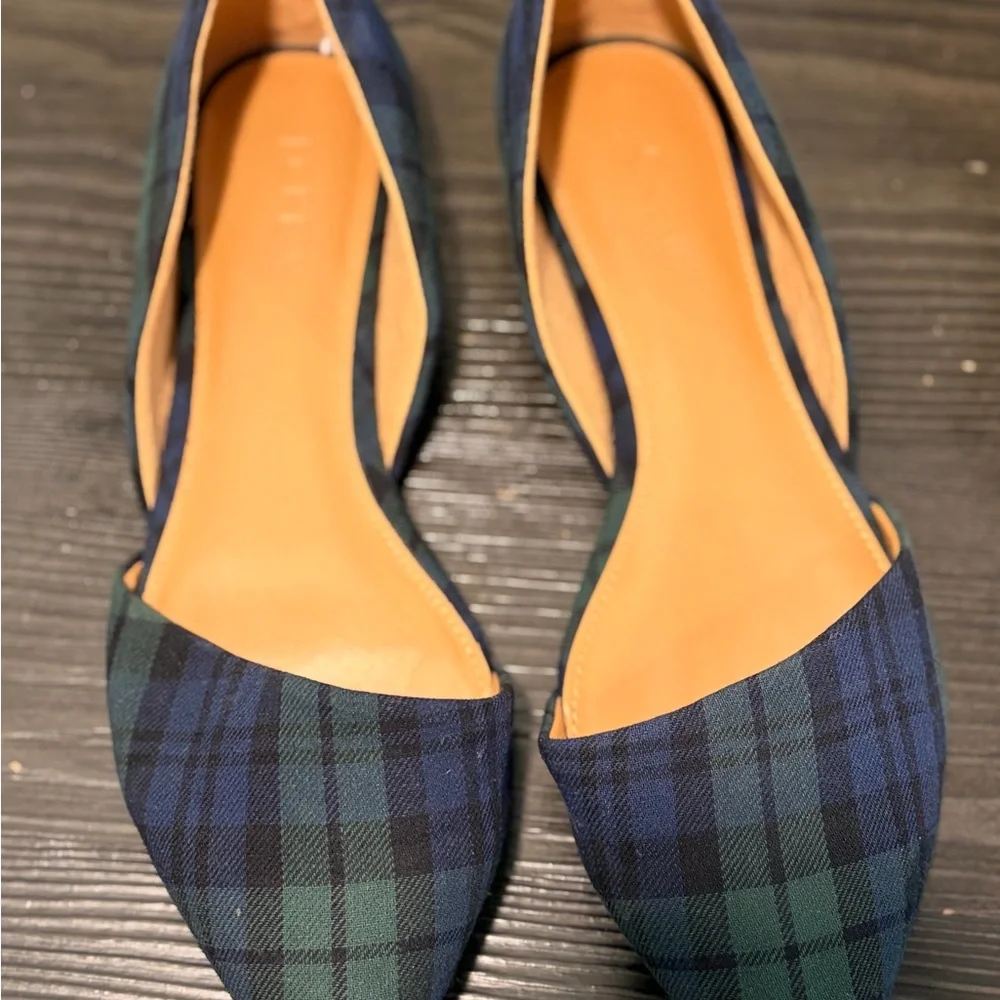 J. Crew Navy and Green Plaid Pointed D'Orsay Flats